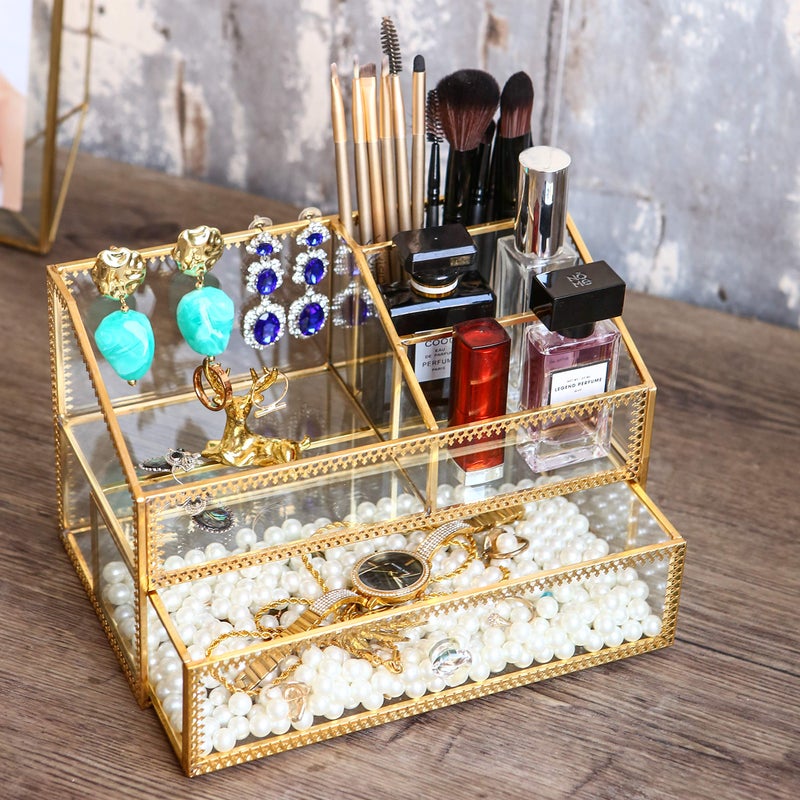 Levilan Golden Glass Box Vanity Tray Glass Case Makeup Display Organizer on Dresser, Multifunctional Cosmetic Storage for Palette Lipstick Makeup Brushes Skincare Perfumes Bathroom Accessories - Image 4